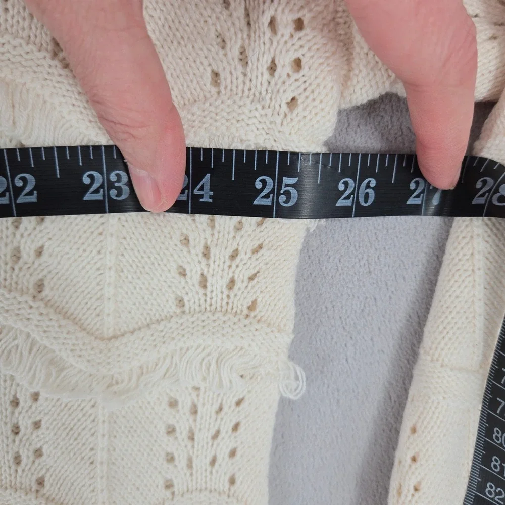 EVRI 1X V-Neck Pointelle Fringe Knit Sweater Womens‎ Cream Boho Cottagecore